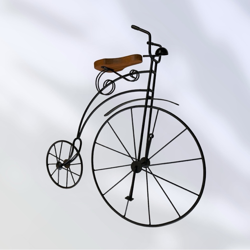 Unique 3D Vintage Tricycle Metal Wall hanging black iron frame & wood seat 20x19